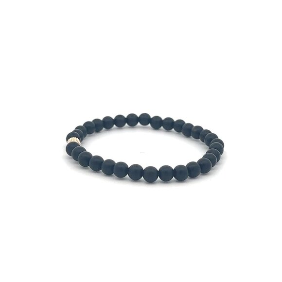 Gemstones Matte Onyx 4mm Stretchable Bracelet 14k Gold Corrugated Bead Charm - Picture 5 of 5